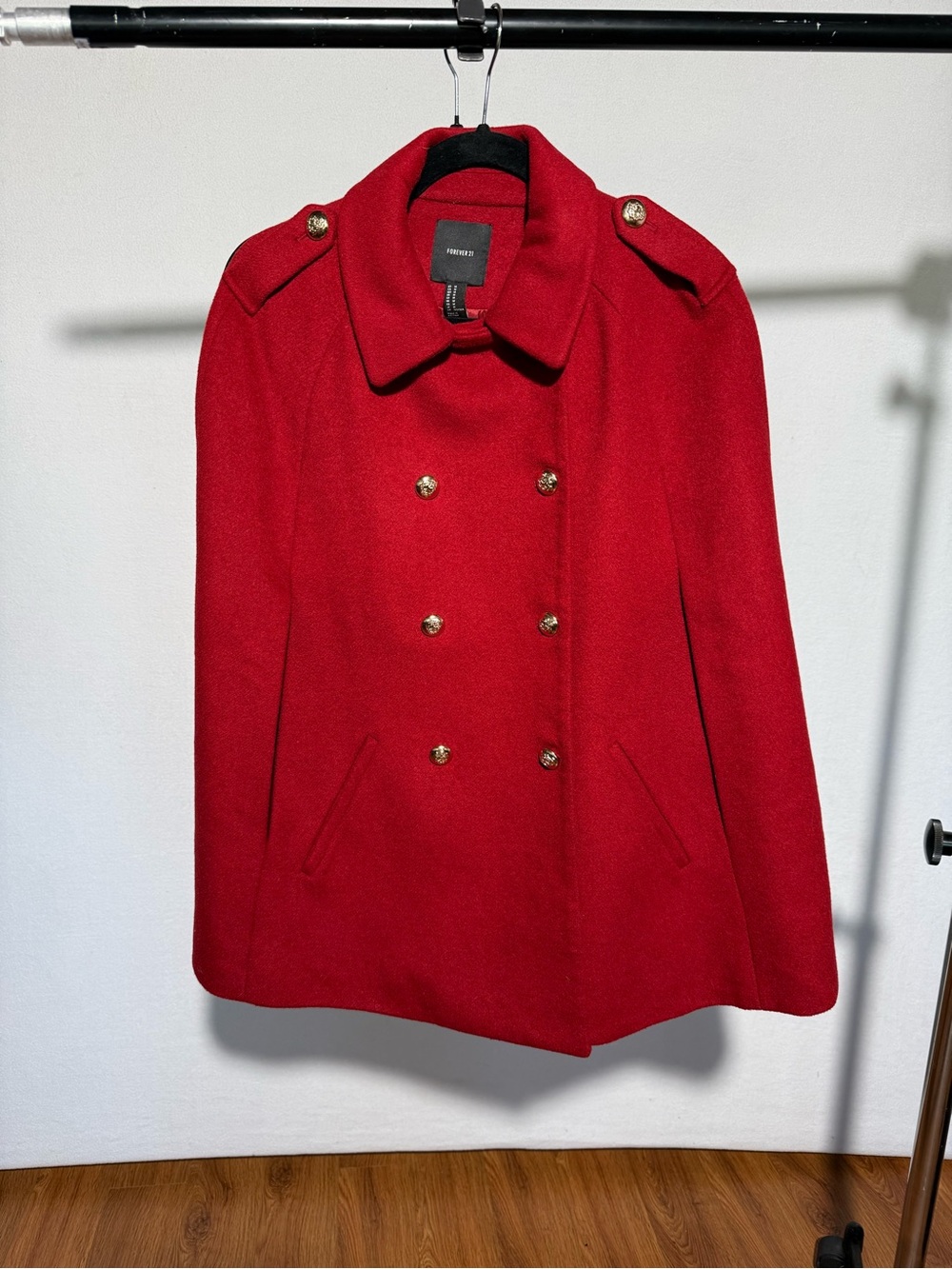 Forever 21 Bright Red Double-Breasted Pea Coat Cape with Gold Buttons